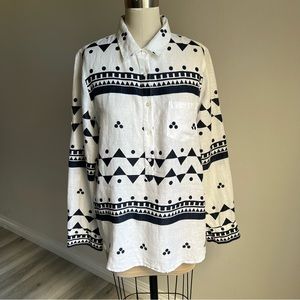 J Crew Linen Size 10 Shirt Blouse Navy Blue White Rollup Sleeves